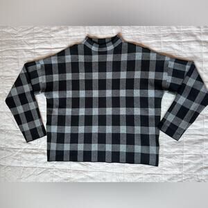Contemporaine Black & Grey Plaid Soft Cozy Viscose Blend Mock Neck Sweater-Large